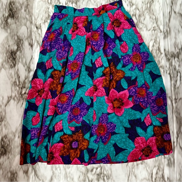 Fire Islander Petite Womens Sz S 80s Bold Bright Midi Skirt Electric Floral Vtg - Picture 2 of 7